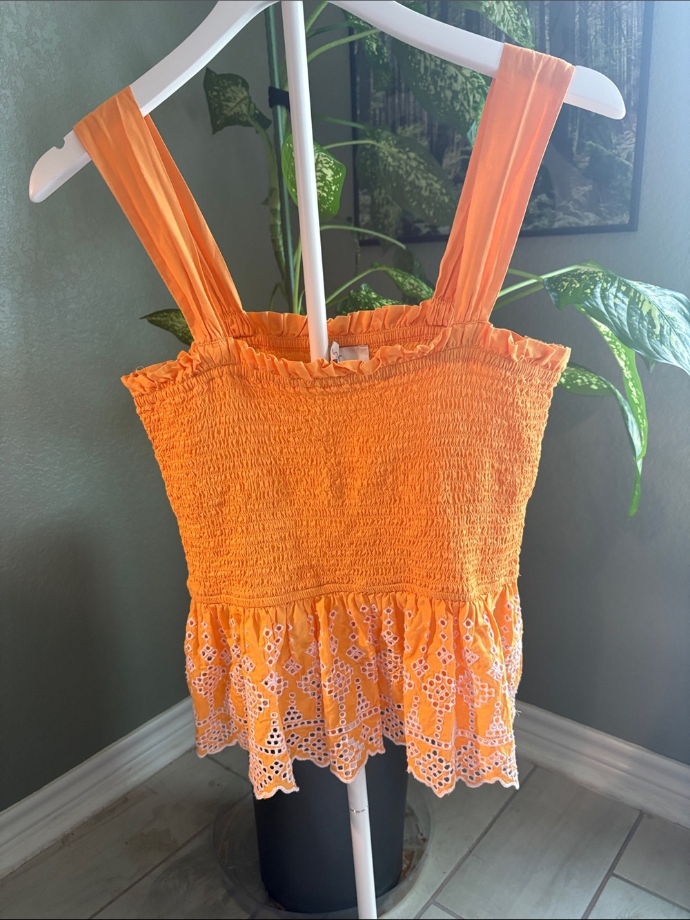 LOFT Orange Smocked Eyelet Peplum Tank